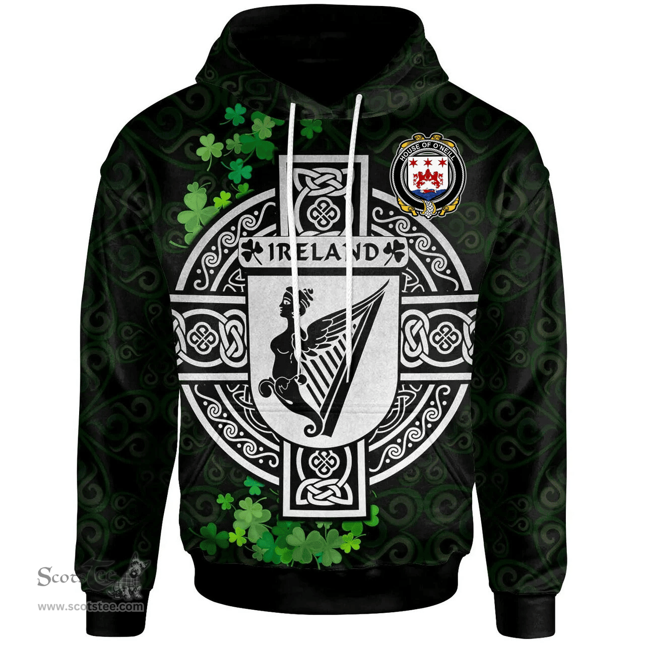 ScotsTee Shop Irish House of O'NEILL Coat of Arms Irish Hoodie Celtic Ireland Coat Of Arms Badge Pewter Harp Pin