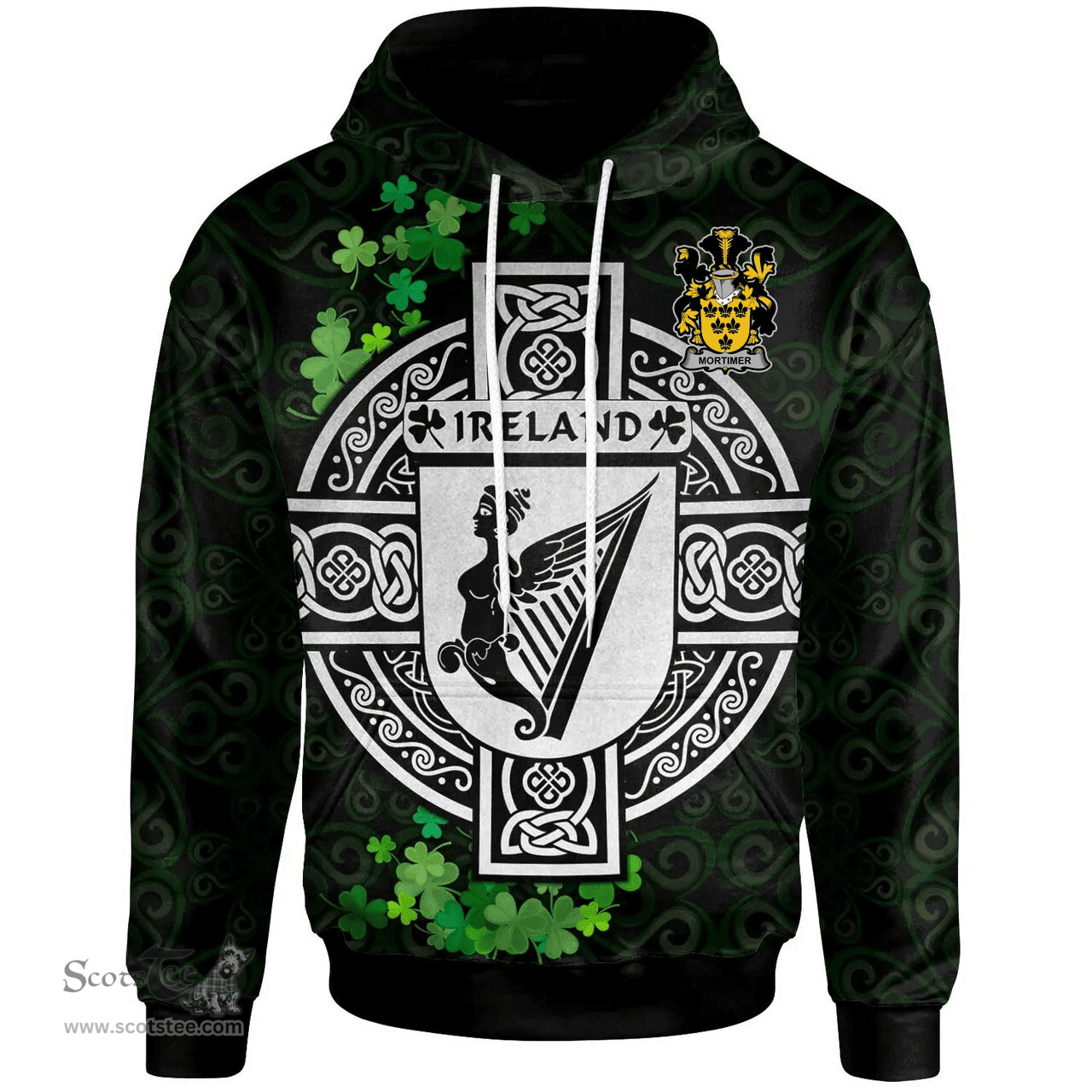 ScotsTee Shop Irish Mortimer Coat of Arms Irish Hoodie Celtic Ireland Coat Of Arms Badge Pewter Harp Pin