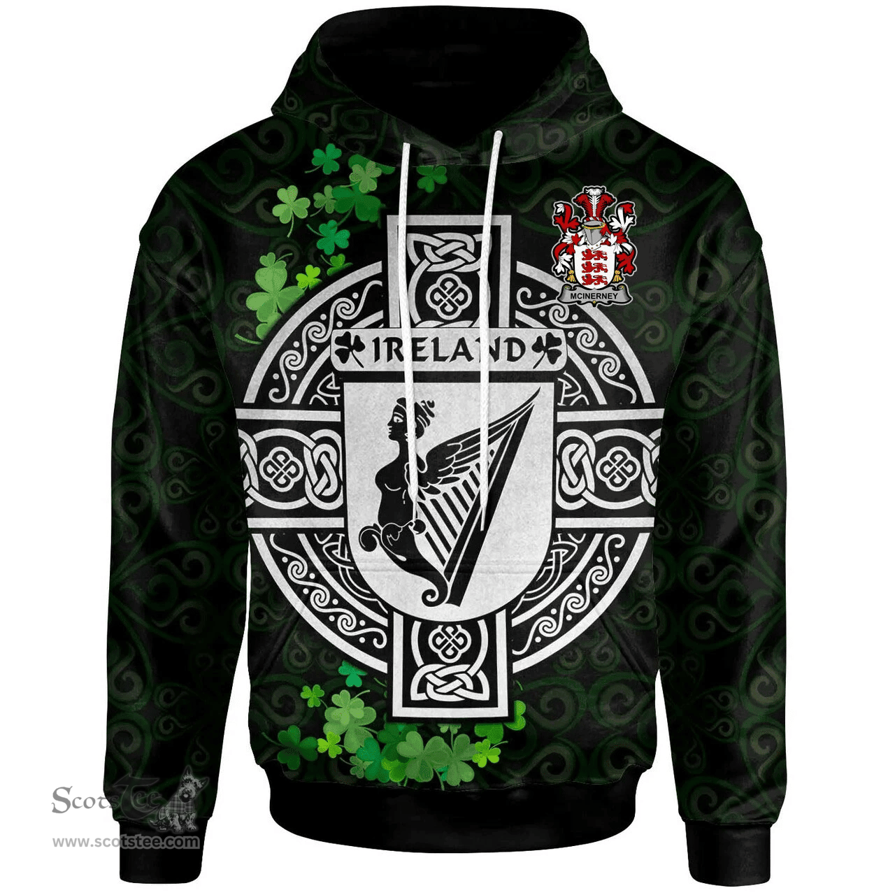 ScotsTee Shop Irish McInerney Coat of Arms Irish Hoodie Celtic Ireland Coat Of Arms Badge Pewter Harp Pin