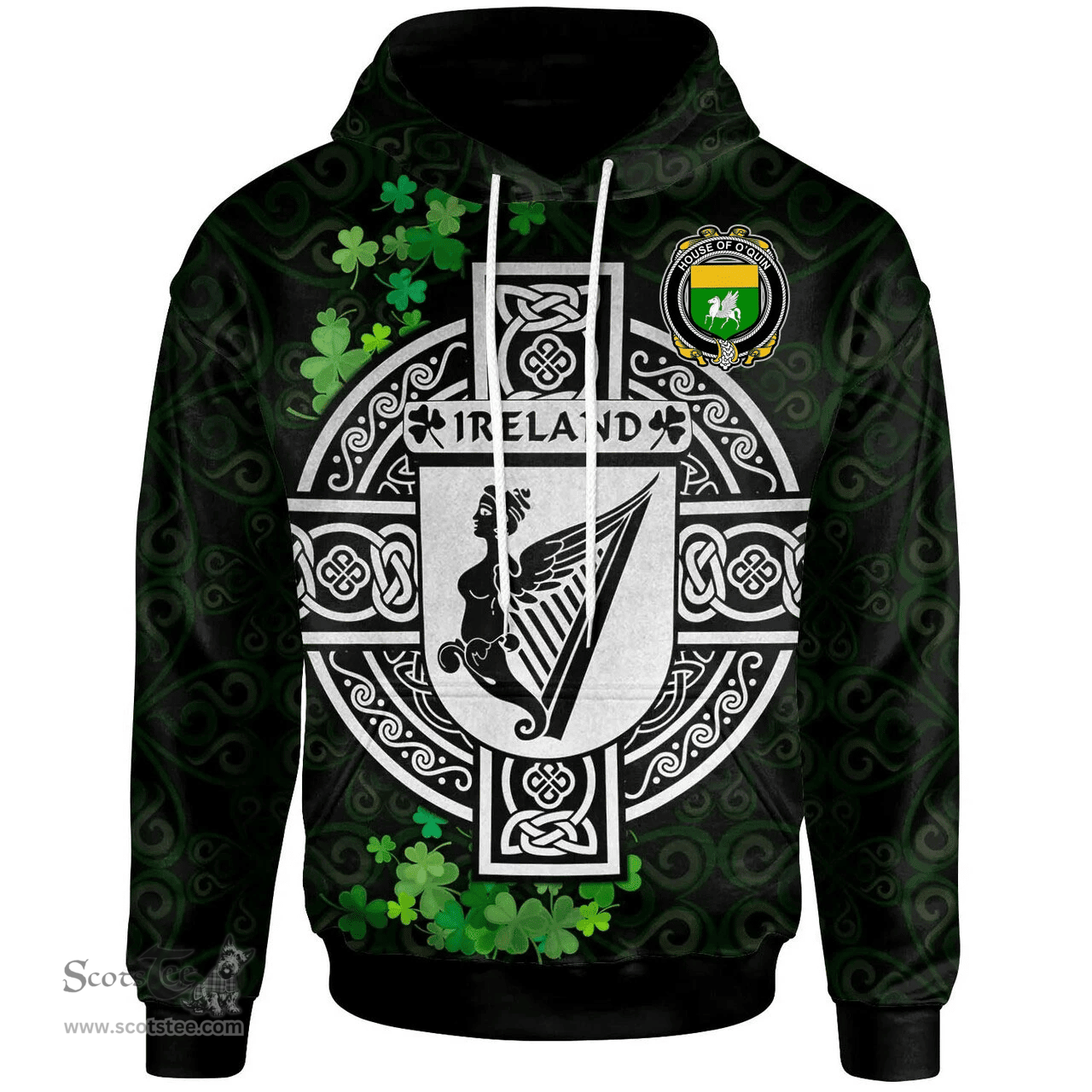 ScotsTee Shop Irish House of O'QUIN (Annaly) Coat of Arms Irish Hoodie Celtic Ireland Coat Of Arms Badge Pewter Harp Pin