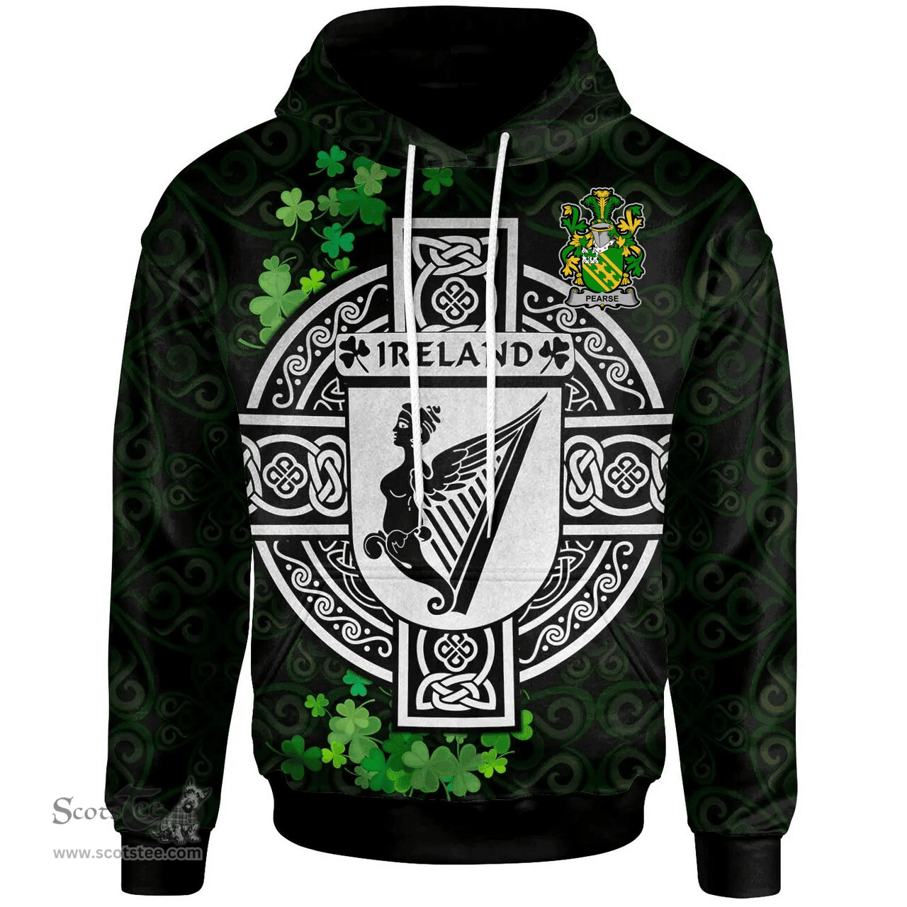 ScotsTee Shop Irish Pearse Coat of Arms Irish Hoodie Celtic Ireland Coat Of Arms Badge Pewter Harp Pin