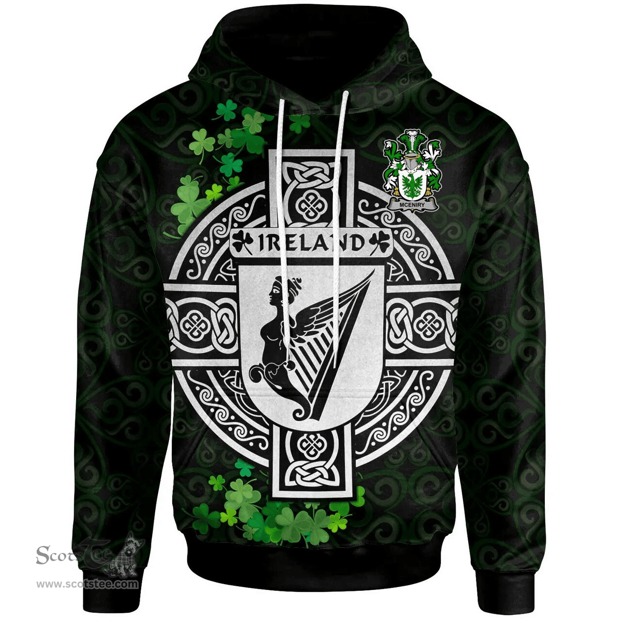 ScotsTee Shop Irish McEniry or McEnery Coat of Arms Irish Hoodie Celtic Ireland Coat Of Arms Badge Pewter Harp Pin