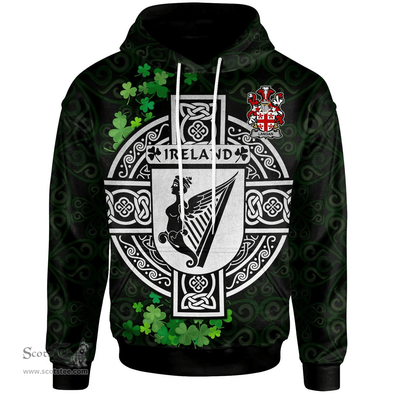 ScotsTee Shop Irish Langan or O'Longan Coat of Arms Irish Hoodie Celtic Ireland Coat Of Arms Badge Pewter Harp Pin