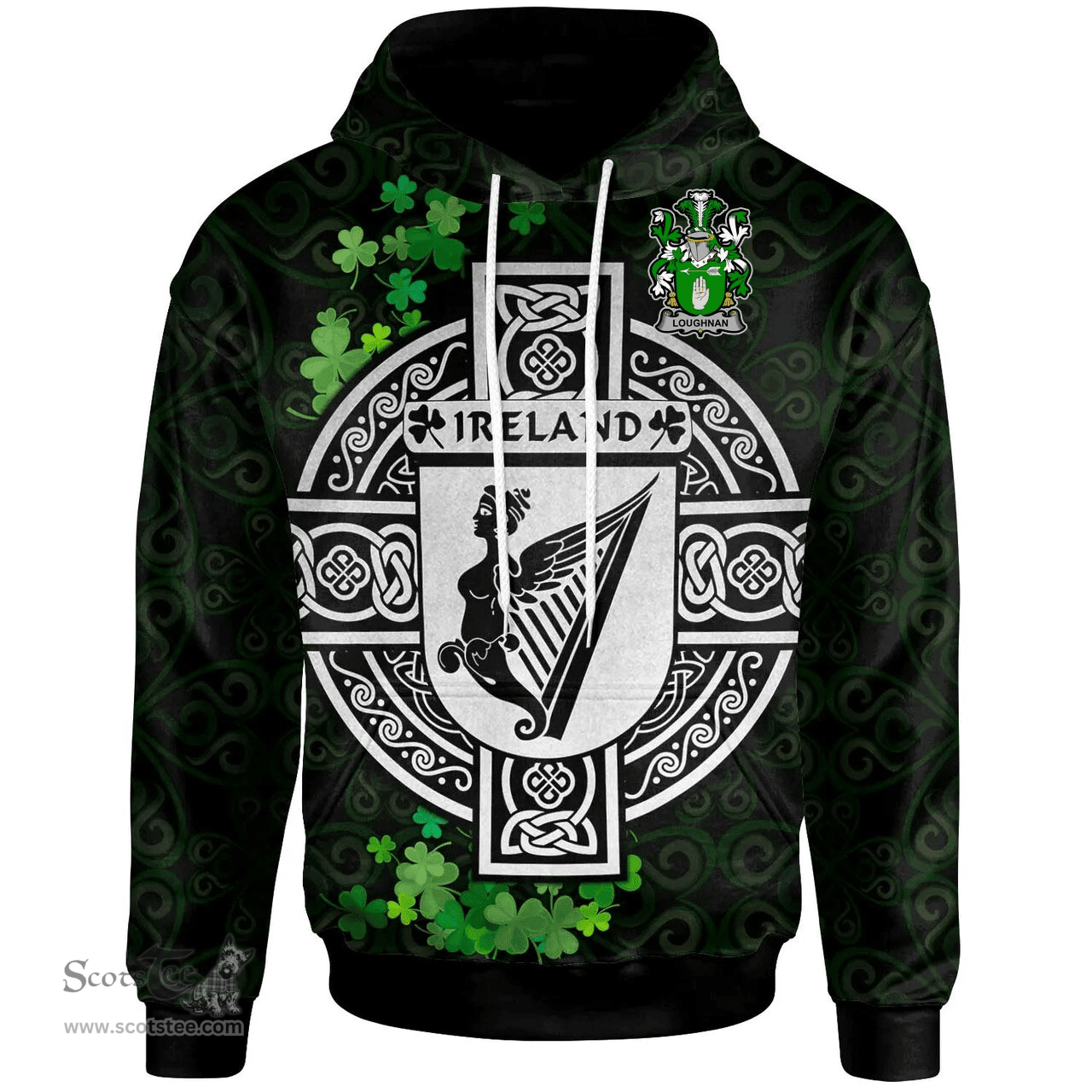 ScotsTee Shop Irish Loughnan or O'Loughnan Coat of Arms Irish Hoodie Celtic Ireland Coat Of Arms Badge Pewter Harp Pin
