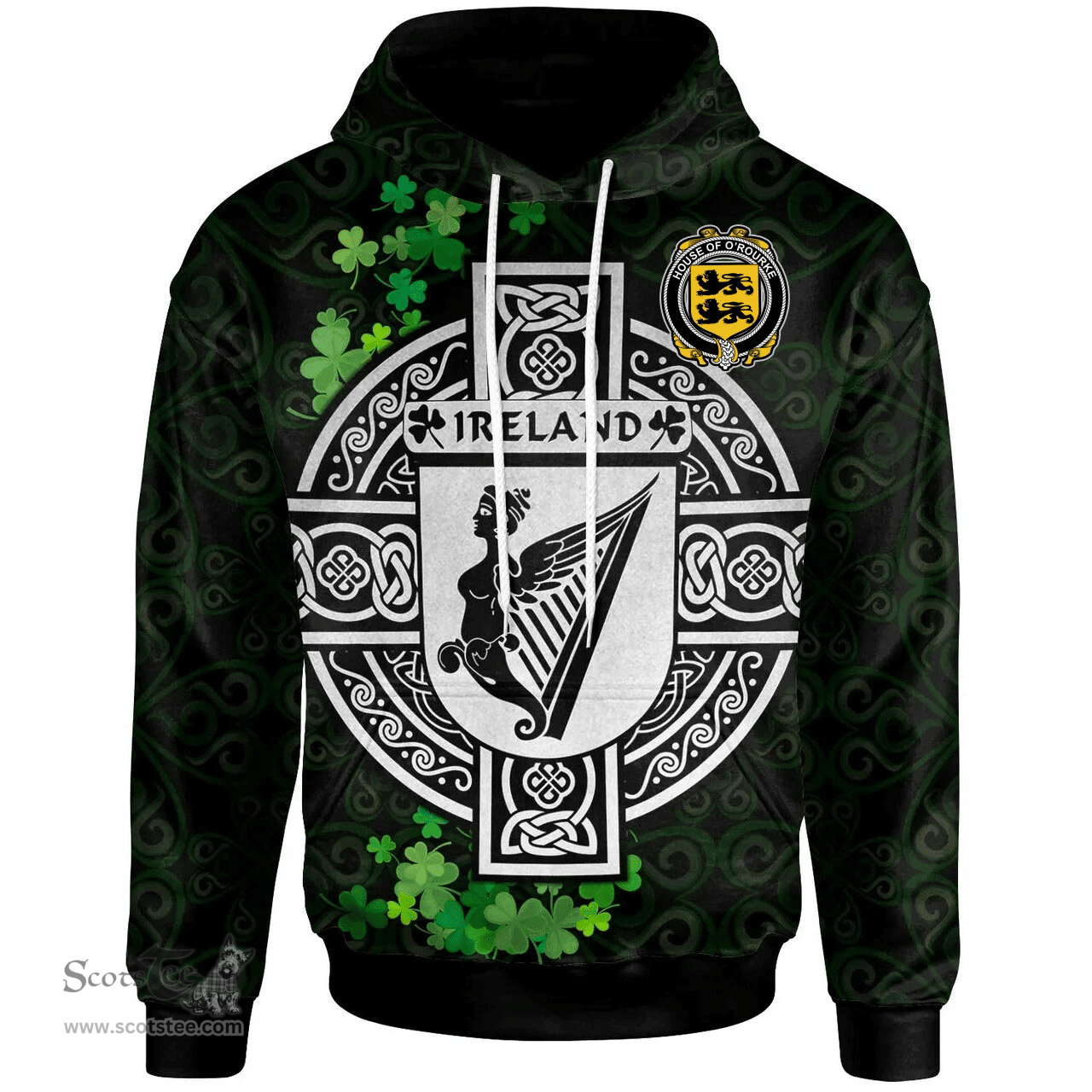 ScotsTee Shop Irish House of O'ROURKE Coat of Arms Irish Hoodie Celtic Ireland Coat Of Arms Badge Pewter Harp Pin