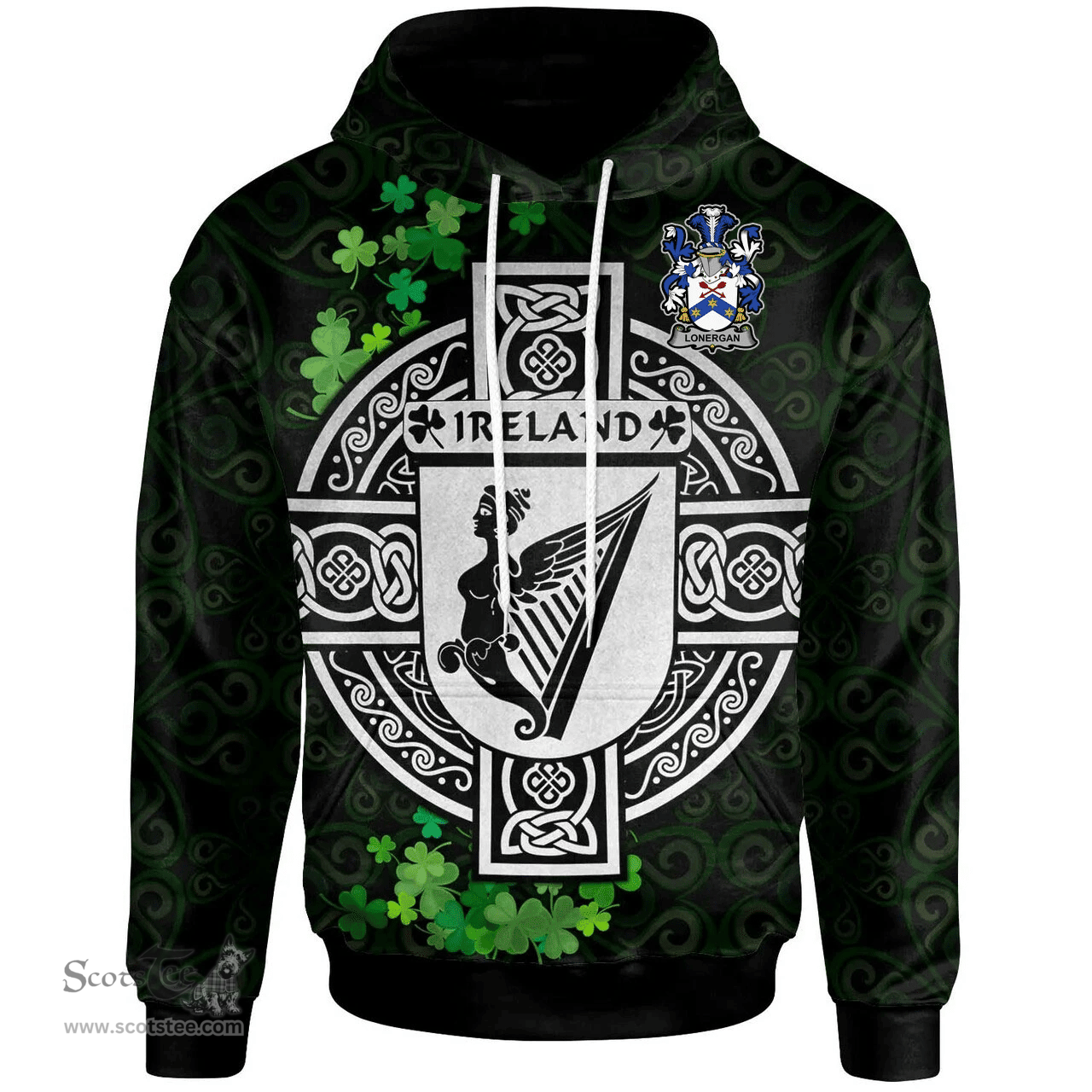 ScotsTee Shop Irish Lonergan or O'Lonergan Coat of Arms Irish Hoodie Celtic Ireland Coat Of Arms Badge Pewter Harp Pin
