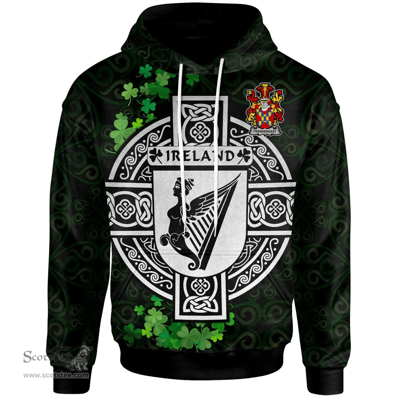 ScotsTee Shop Irish Prendergast Coat of Arms Irish Hoodie Celtic Ireland Coat Of Arms Badge Pewter Harp Pin