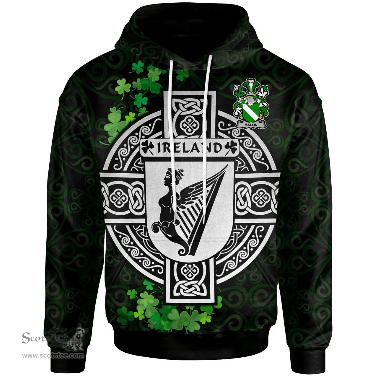 ScotsTee Shop Irish Mallin or O'Mallan Coat of Arms Irish Hoodie Celtic Ireland Coat Of Arms Badge Pewter Harp Pin