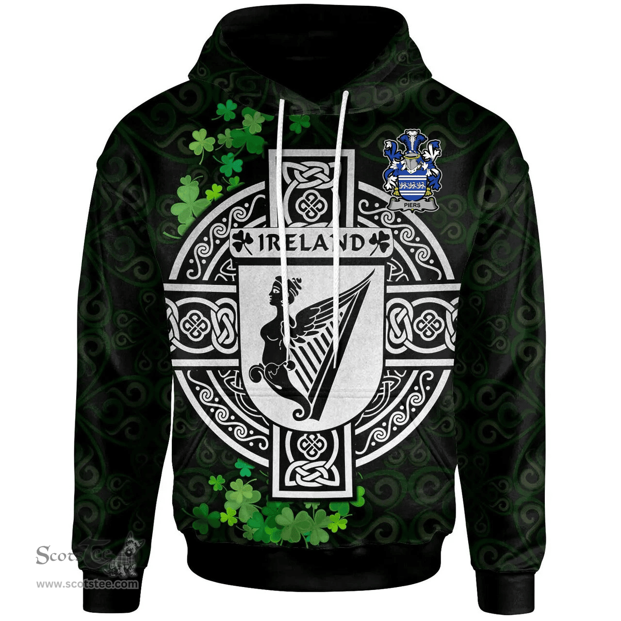ScotsTee Shop Irish Piers Coat of Arms Irish Hoodie Celtic Ireland Coat Of Arms Badge Pewter Harp Pin