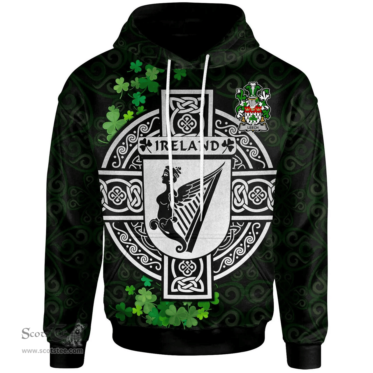 ScotsTee Shop Irish Leech Coat of Arms Irish Hoodie Celtic Ireland Coat Of Arms Badge Pewter Harp Pin