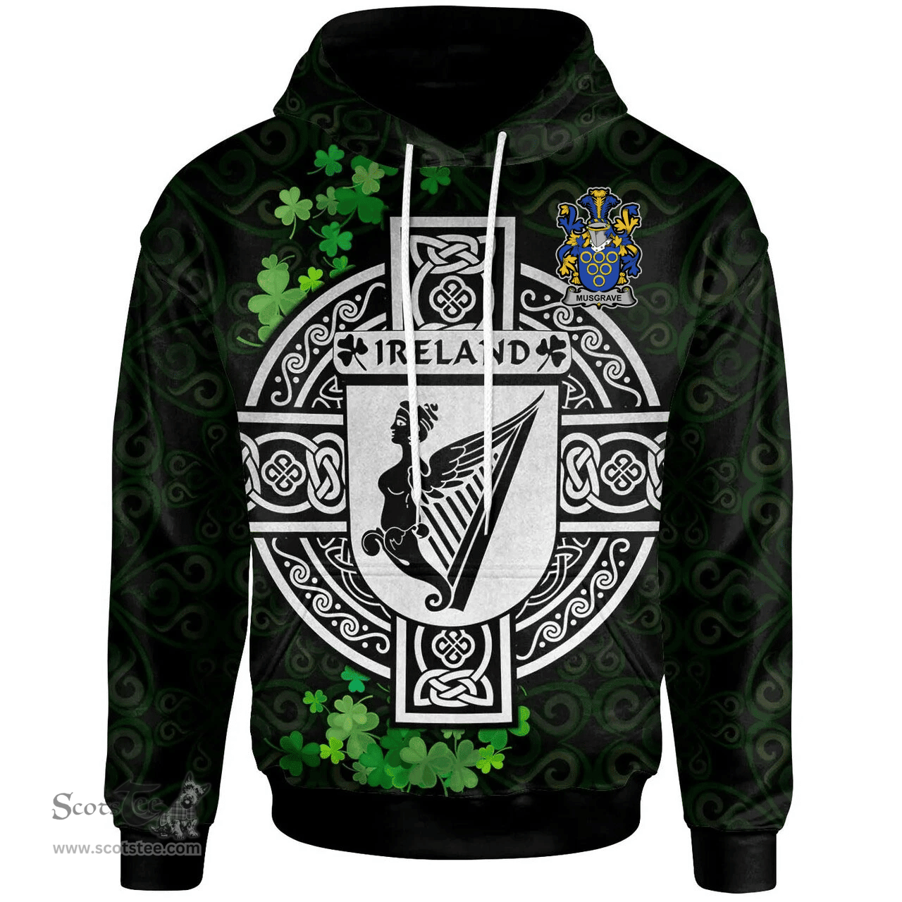 ScotsTee Shop Irish Musgrave Coat of Arms Irish Hoodie Celtic Ireland Coat Of Arms Badge Pewter Harp Pin