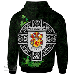 ScotsTee Shop Irish Lalor or O'Lawlor Coat of Arms Irish Hoodie Celtic Ireland Coat Of Arms Badge Pewter Harp Pin