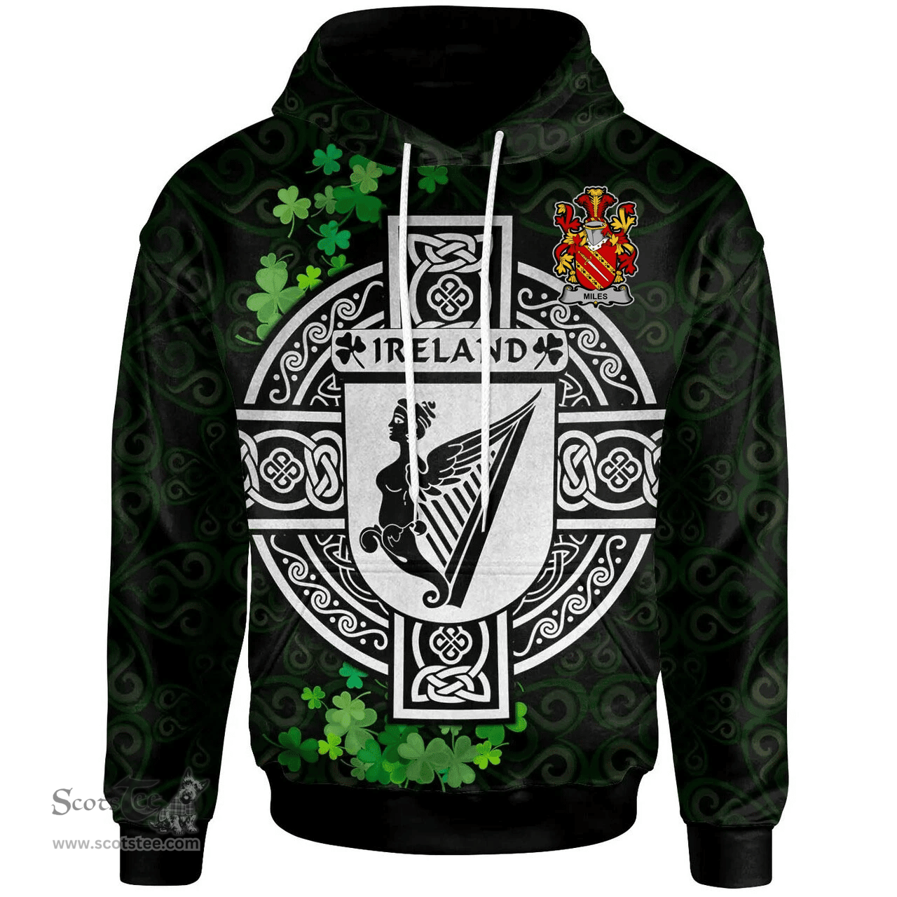 ScotsTee Shop Irish Miles or Moyles Coat of Arms Irish Hoodie Celtic Ireland Coat Of Arms Badge Pewter Harp Pin