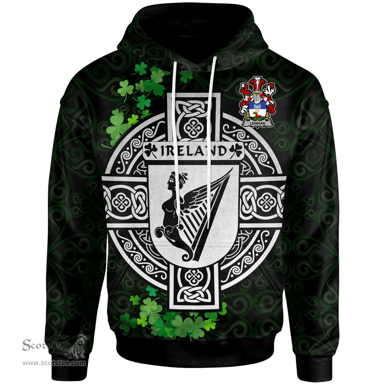 ScotsTee Shop Irish Lenihan or O'Lenaghan Coat of Arms Irish Hoodie Celtic Ireland Coat Of Arms Badge Pewter Harp Pin