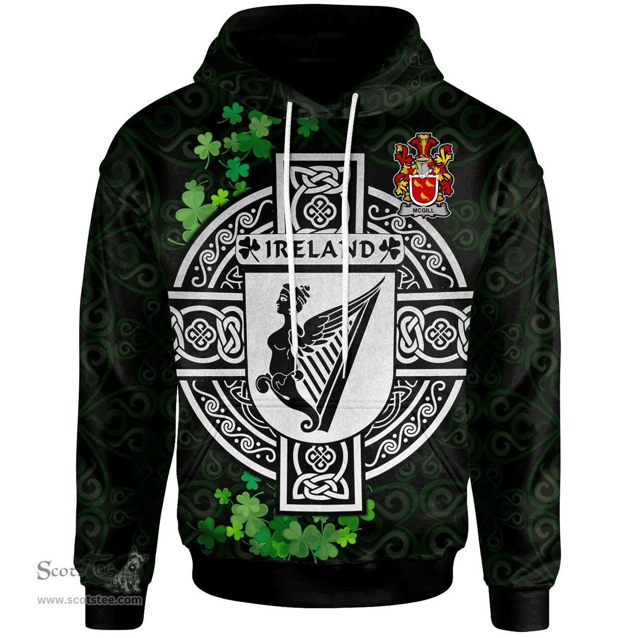 ScotsTee Shop Irish McGill Coat of Arms Irish Hoodie Celtic Ireland Coat Of Arms Badge Pewter Harp Pin