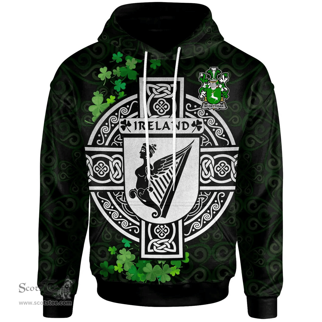 ScotsTee Shop Irish McGettigan or Gethin Coat of Arms Irish Hoodie Celtic Ireland Coat Of Arms Badge Pewter Harp Pin