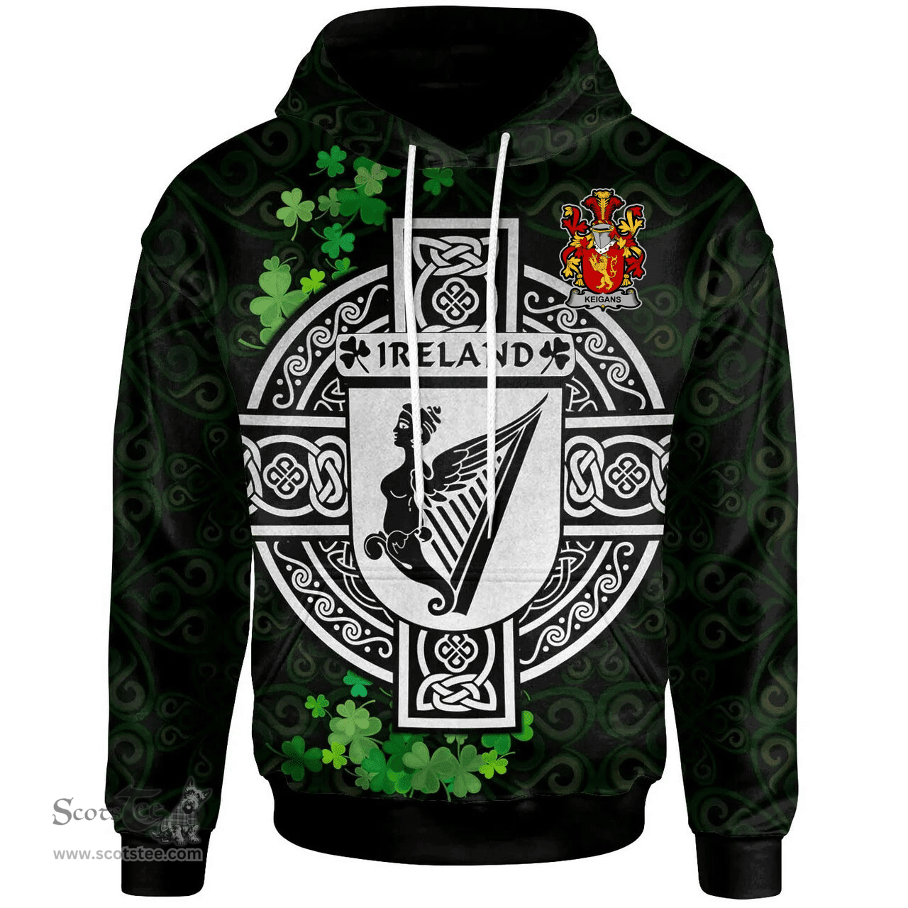 ScotsTee Shop Irish Keigans or McKeehan Coat of Arms Irish Hoodie Celtic Ireland Coat Of Arms Badge Pewter Harp Pin