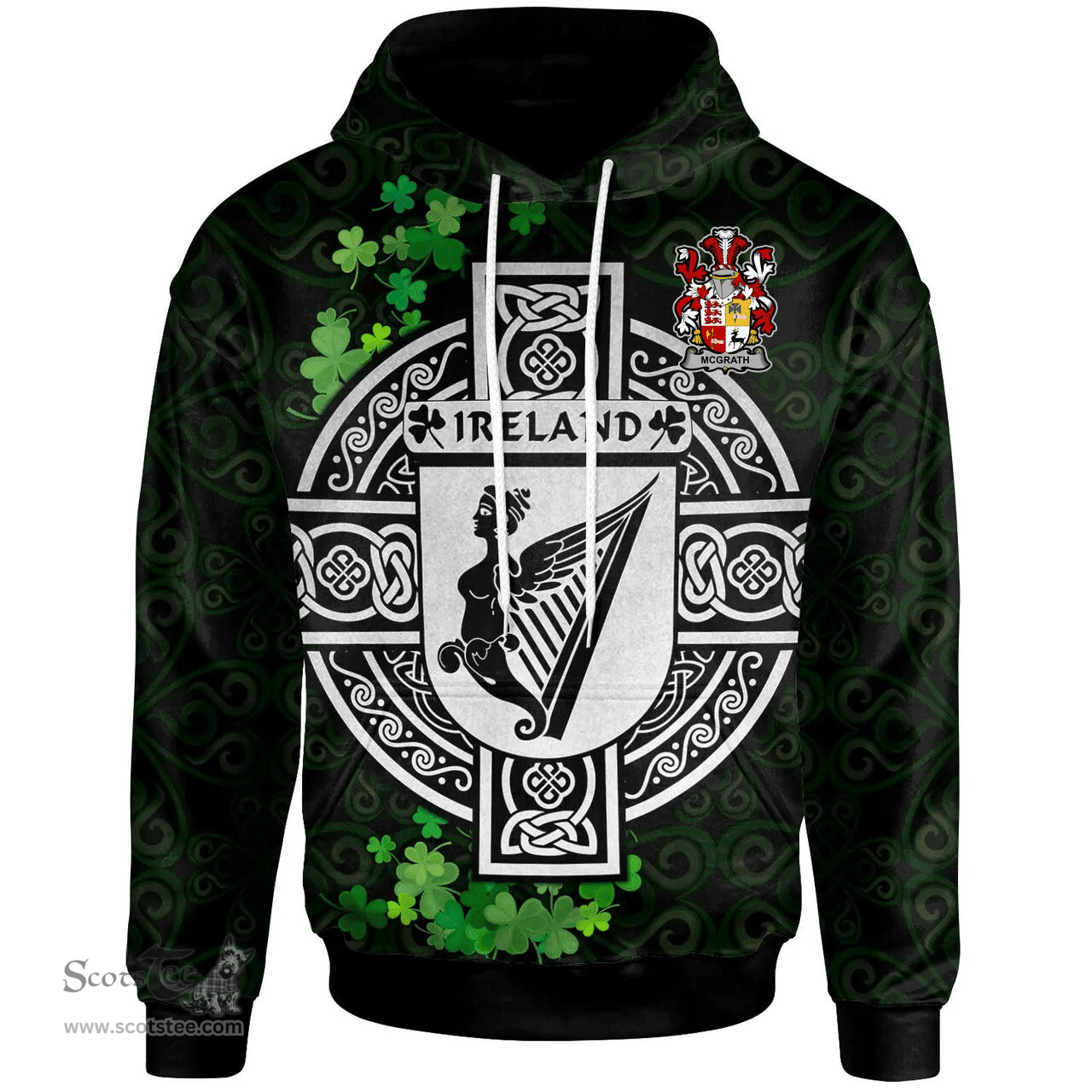 ScotsTee Shop Irish McGrath or McGraw Coat of Arms Irish Hoodie Celtic Ireland Coat Of Arms Badge Pewter Harp Pin