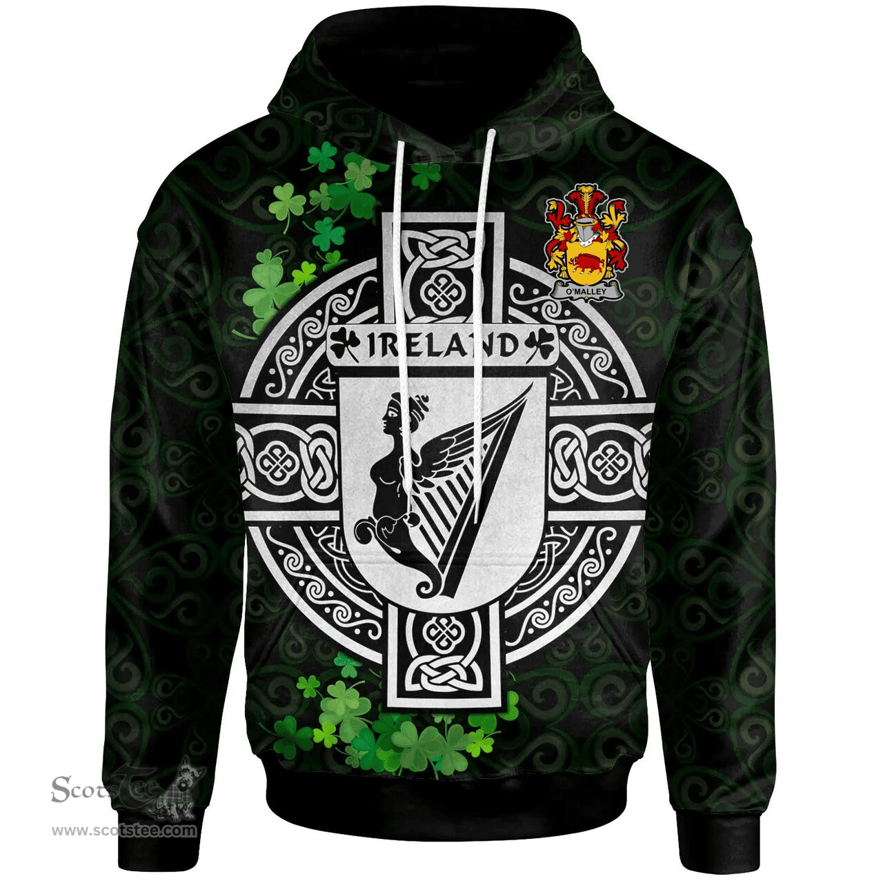 ScotsTee Shop Irish Malley or O'Malley Coat of Arms Irish Hoodie Celtic Ireland Coat Of Arms Badge Pewter Harp Pin