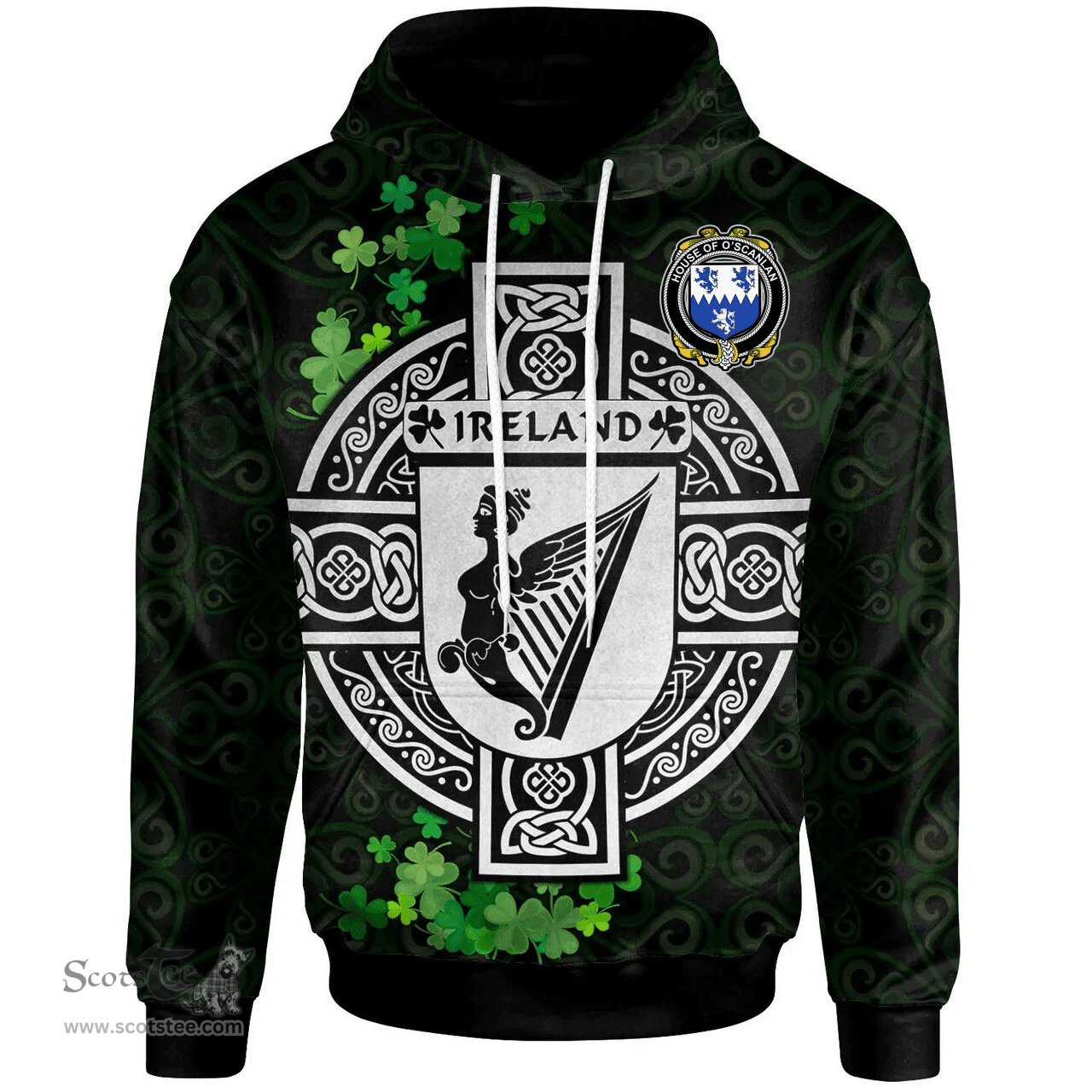 ScotsTee Shop Irish House of O'SCANLAN (Munster) Coat of Arms Irish Hoodie Celtic Ireland Coat Of Arms Badge Pewter Harp Pin
