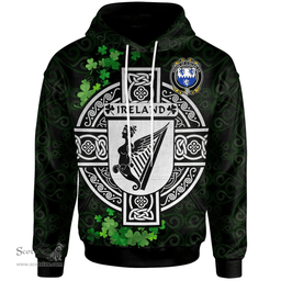ScotsTee Shop Irish House of O'SCANLAN (Munster) Coat of Arms Irish Hoodie Celtic Ireland Coat Of Arms Badge Pewter Harp Pin