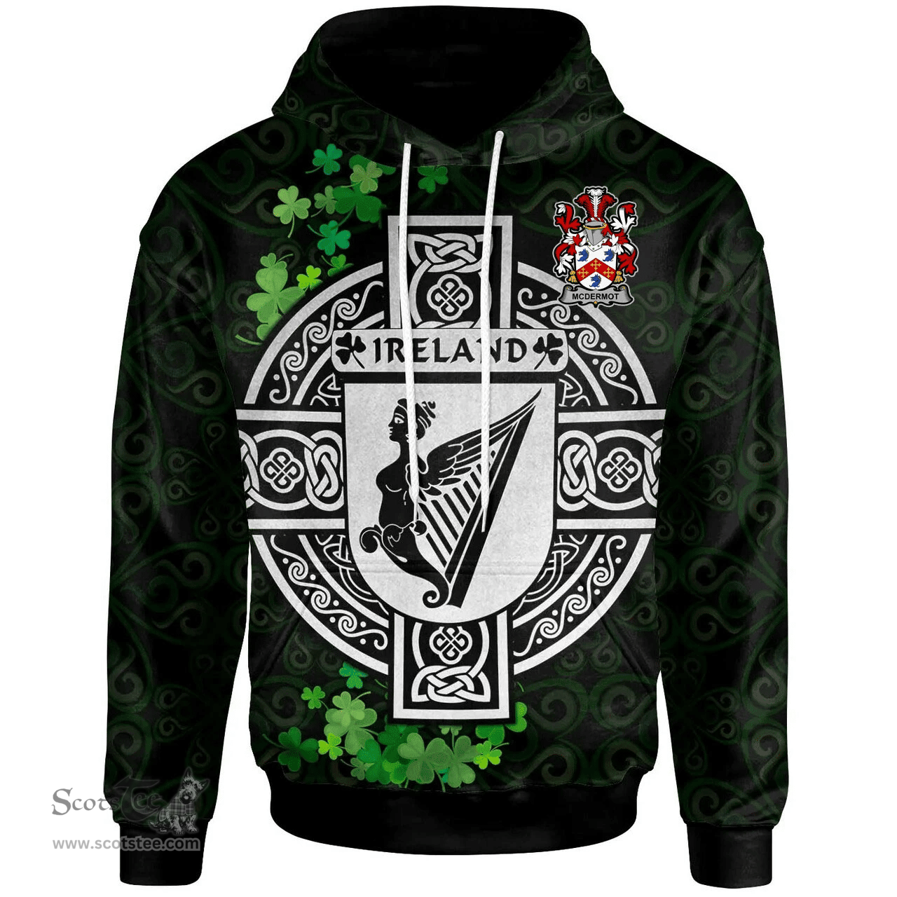 ScotsTee Shop Irish McDermot Coat of Arms Irish Hoodie Celtic Ireland Coat Of Arms Badge Pewter Harp Pin