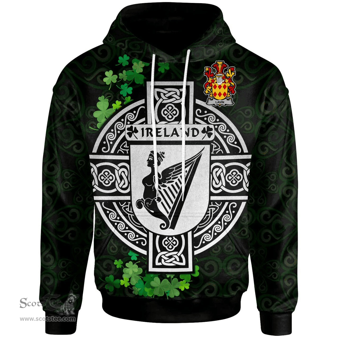 ScotsTee Shop Irish Lavin or O'Lavin Coat of Arms Irish Hoodie Celtic Ireland Coat Of Arms Badge Pewter Harp Pin