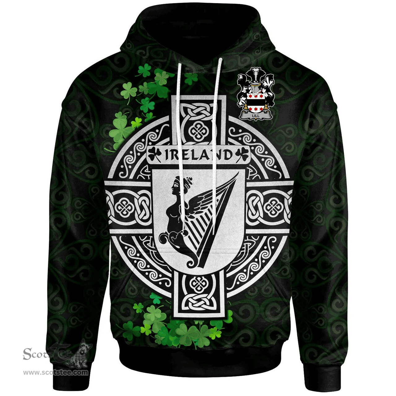 ScotsTee Shop Irish Lill Coat of Arms Irish Hoodie Celtic Ireland Coat Of Arms Badge Pewter Harp Pin