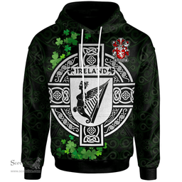 ScotsTee Shop Irish McMorogh or McMorrow Coat of Arms Irish Hoodie Celtic Ireland Coat Of Arms Badge Pewter Harp Pin