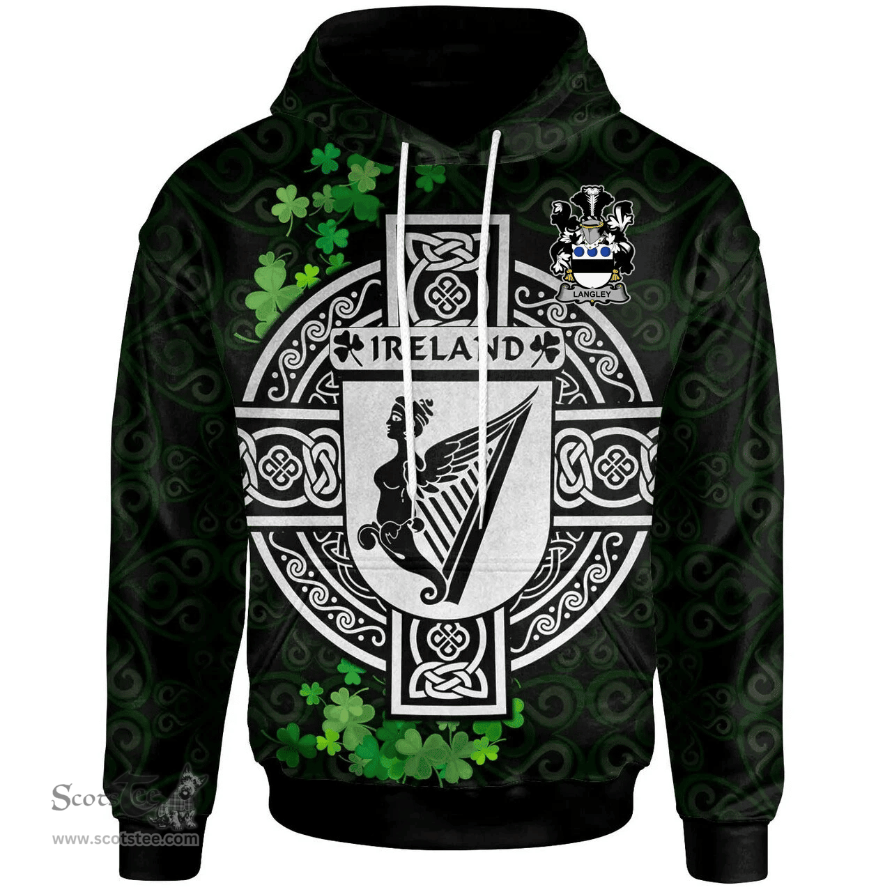 ScotsTee Shop Irish Langley Coat of Arms Irish Hoodie Celtic Ireland Coat Of Arms Badge Pewter Harp Pin