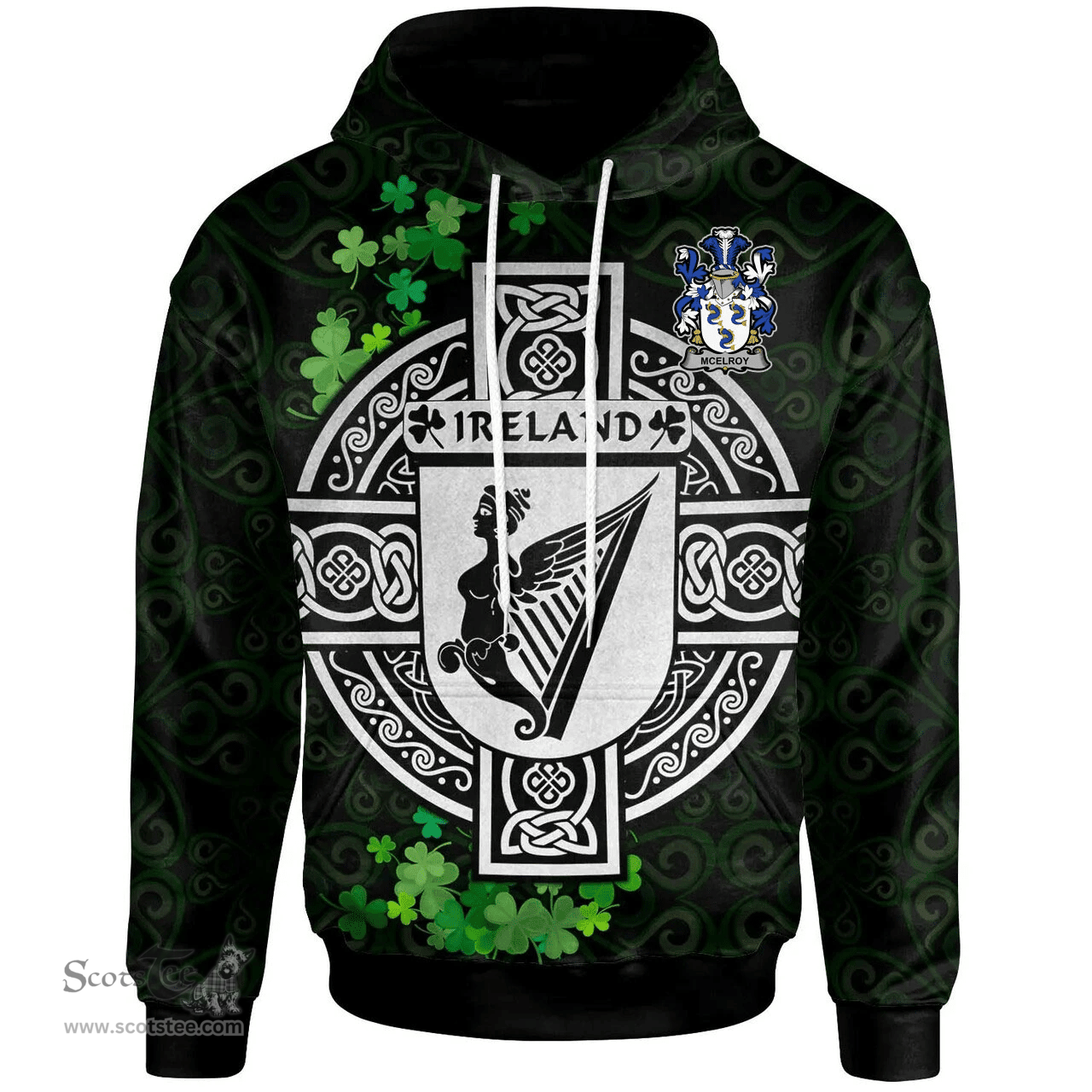 ScotsTee Shop Irish McElroy or Gilroy Coat of Arms Irish Hoodie Celtic Ireland Coat Of Arms Badge Pewter Harp Pin