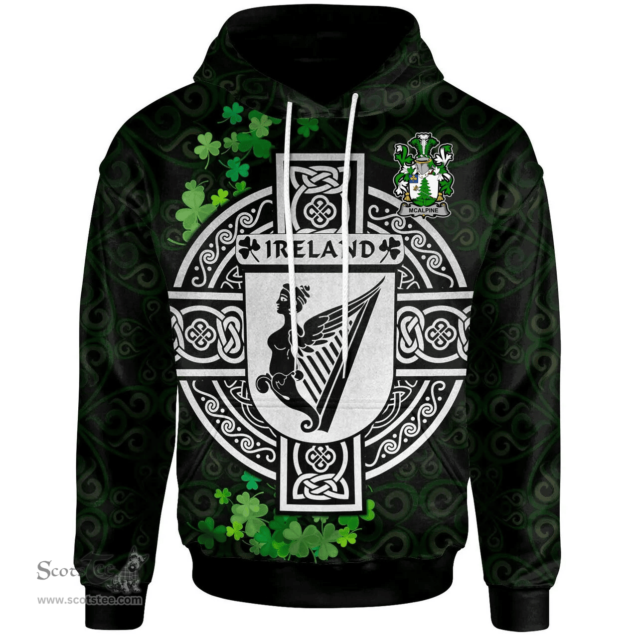 ScotsTee Shop Irish McAlpine or MacAlpin Coat of Arms Irish Hoodie Celtic Ireland Coat Of Arms Badge Pewter Harp Pin