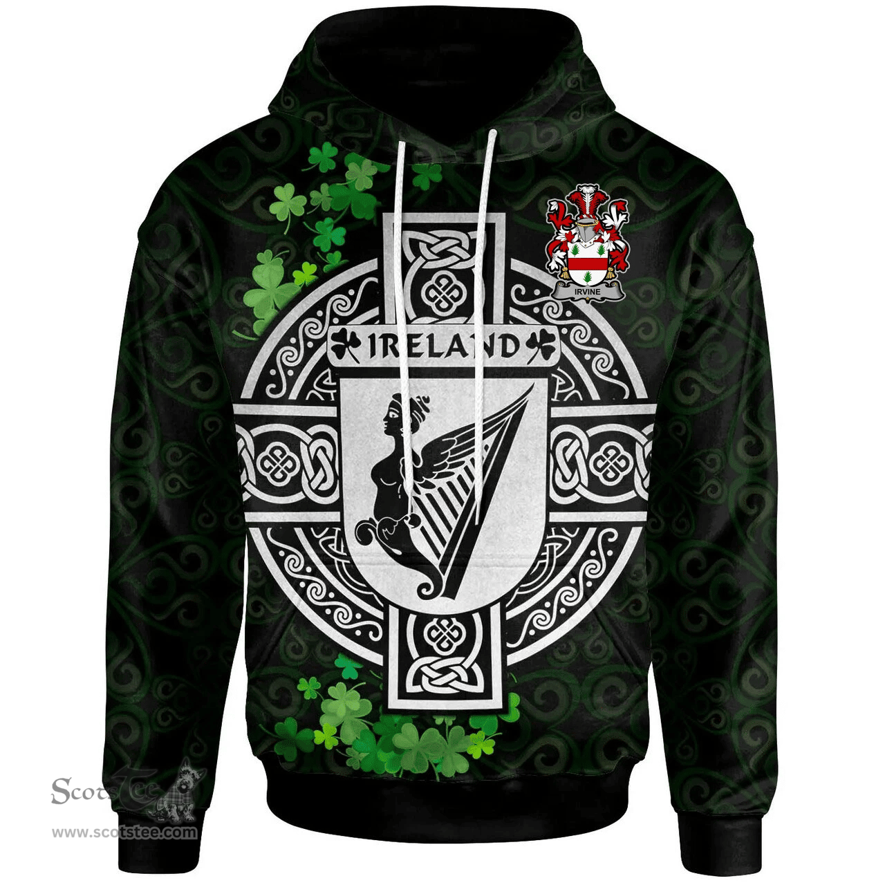 ScotsTee Shop Irish Irvine Coat of Arms Irish Hoodie Celtic Ireland Coat Of Arms Badge Pewter Harp Pin