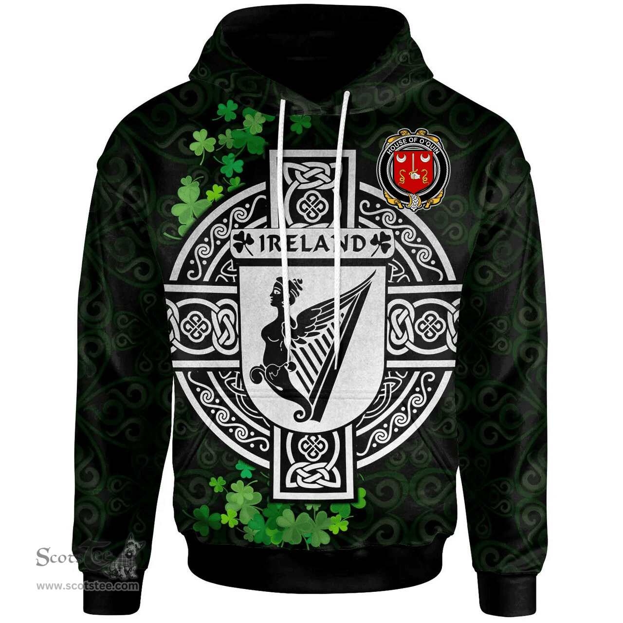 ScotsTee Shop Irish House of O'QUIN (Thomond) Coat of Arms Irish Hoodie Celtic Ireland Coat Of Arms Badge Pewter Harp Pin