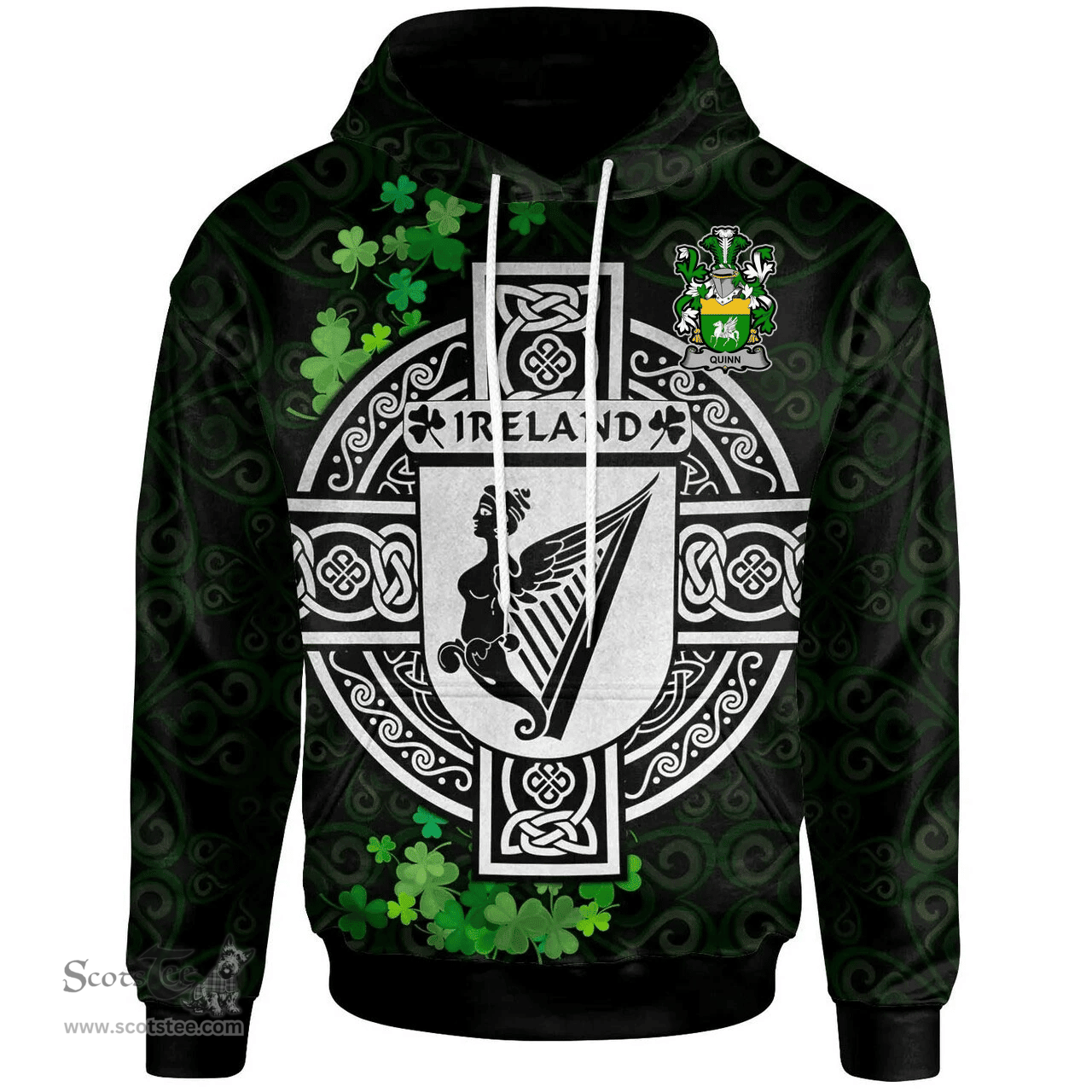 ScotsTee Shop Irish Quinn or O'Quin Coat of Arms Irish Hoodie Celtic Ireland Coat Of Arms Badge Pewter Harp Pin