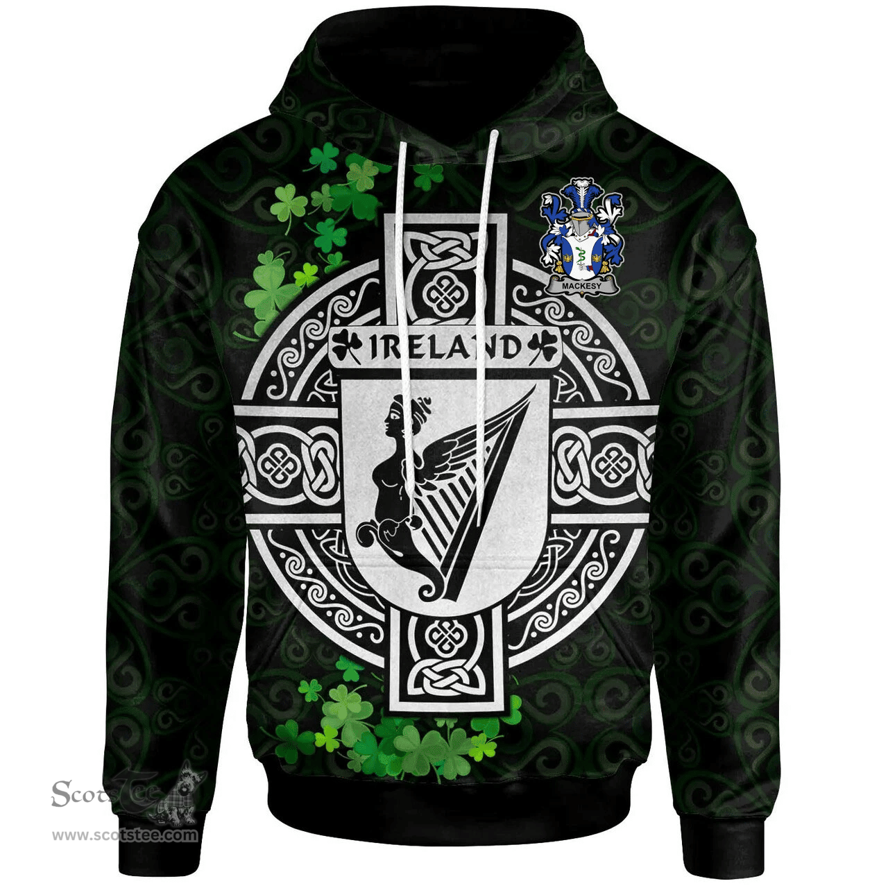 ScotsTee Shop Irish Mackesy Coat of Arms Irish Hoodie Celtic Ireland Coat Of Arms Badge Pewter Harp Pin