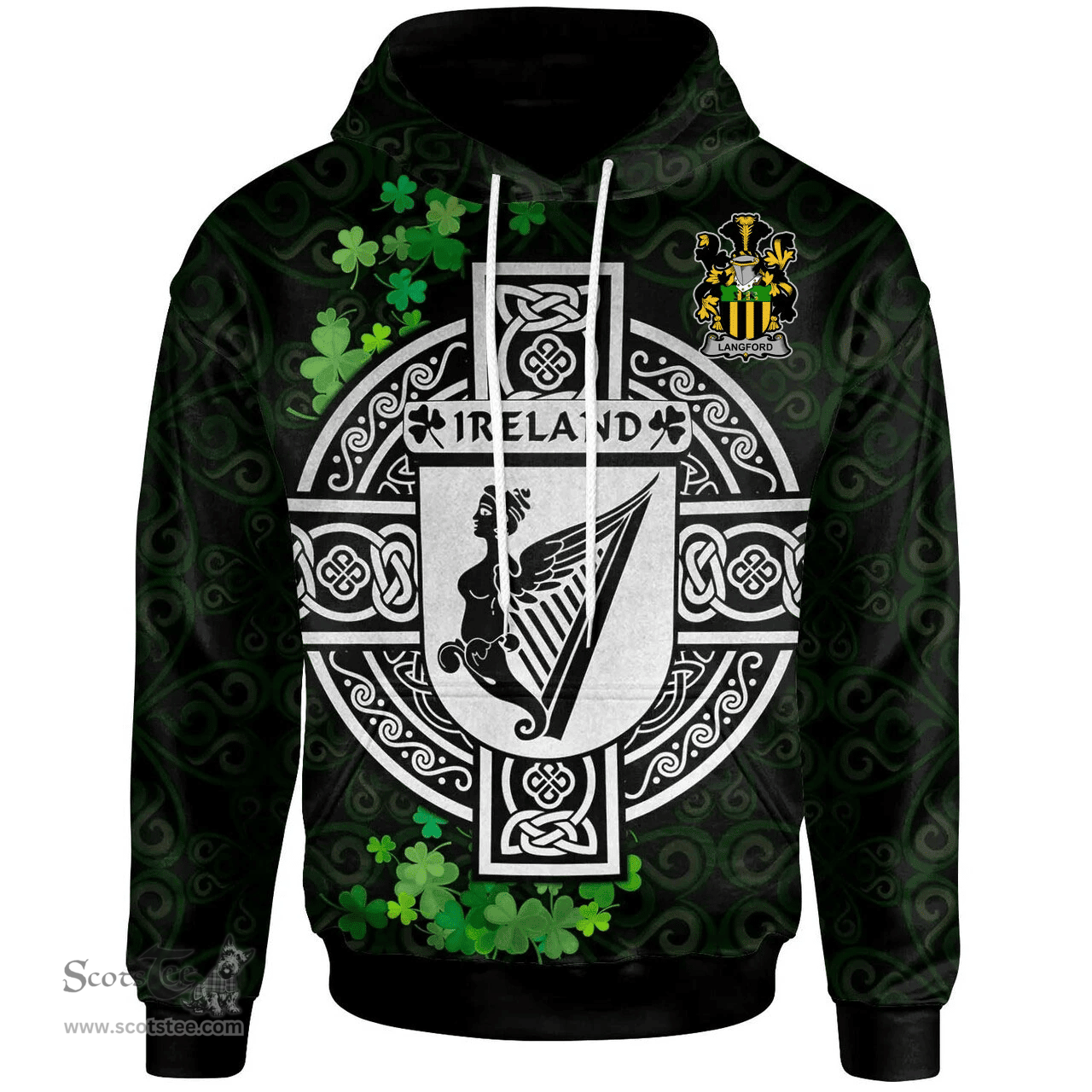 ScotsTee Shop Irish Langford Coat of Arms Irish Hoodie Celtic Ireland Coat Of Arms Badge Pewter Harp Pin