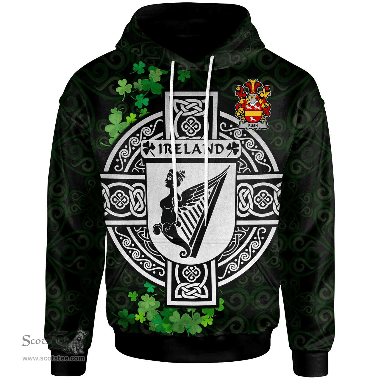 ScotsTee Shop Irish Rush Coat of Arms Irish Hoodie Celtic Ireland Coat Of Arms Badge Pewter Harp Pin