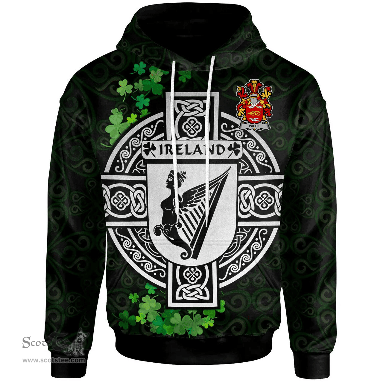 ScotsTee Shop Irish Wilde Coat of Arms Irish Hoodie Celtic Ireland Coat Of Arms Badge Pewter Harp Pin