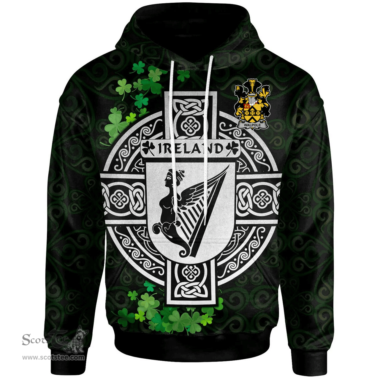 ScotsTee Shop Irish Walpole Coat of Arms Irish Hoodie Celtic Ireland Coat Of Arms Badge Pewter Harp Pin