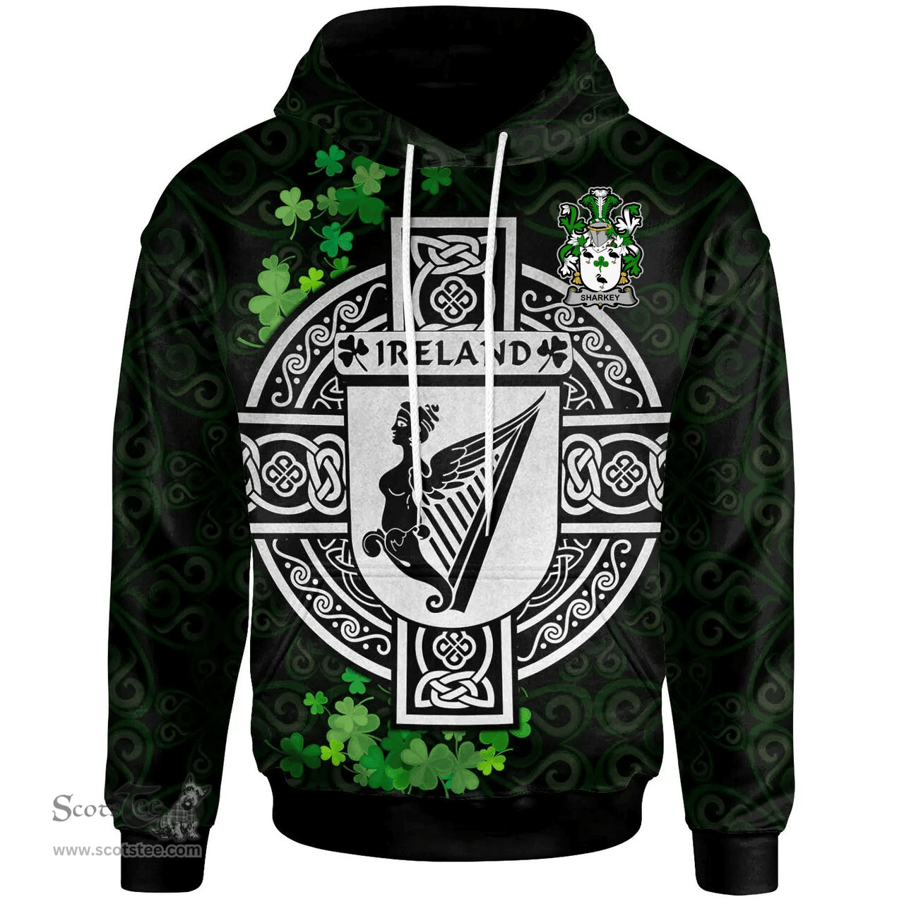 ScotsTee Shop Irish Sharkey or O'Sharkey Coat of Arms Irish Hoodie Celtic Ireland Coat Of Arms Badge Pewter Harp Pin