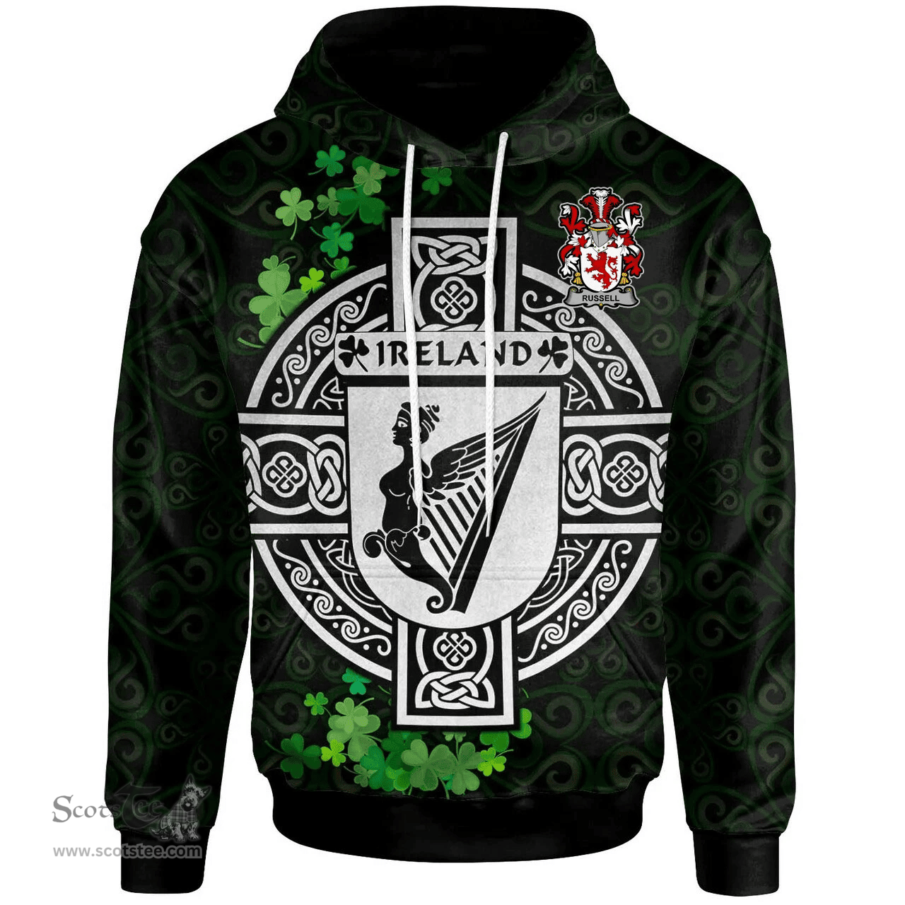 ScotsTee Shop Irish Russell Coat of Arms Irish Hoodie Celtic Ireland Coat Of Arms Badge Pewter Harp Pin