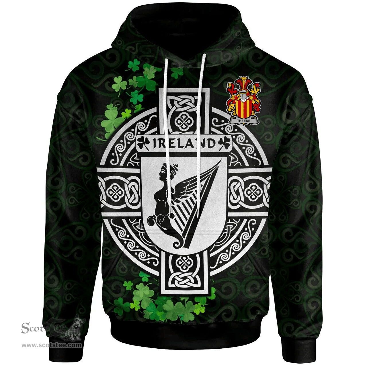 ScotsTee Shop Irish Theede Coat of Arms Irish Hoodie Celtic Ireland Coat Of Arms Badge Pewter Harp Pin