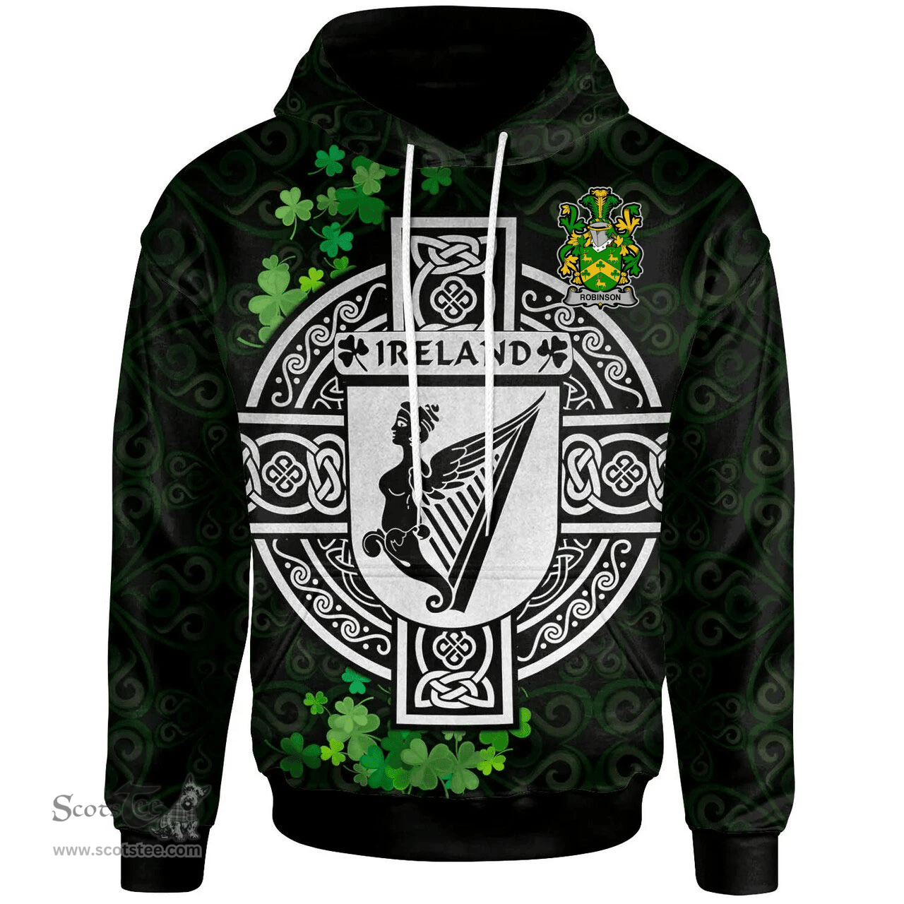 ScotsTee Shop Irish Robinson Coat of Arms Irish Hoodie Celtic Ireland Coat Of Arms Badge Pewter Harp Pin