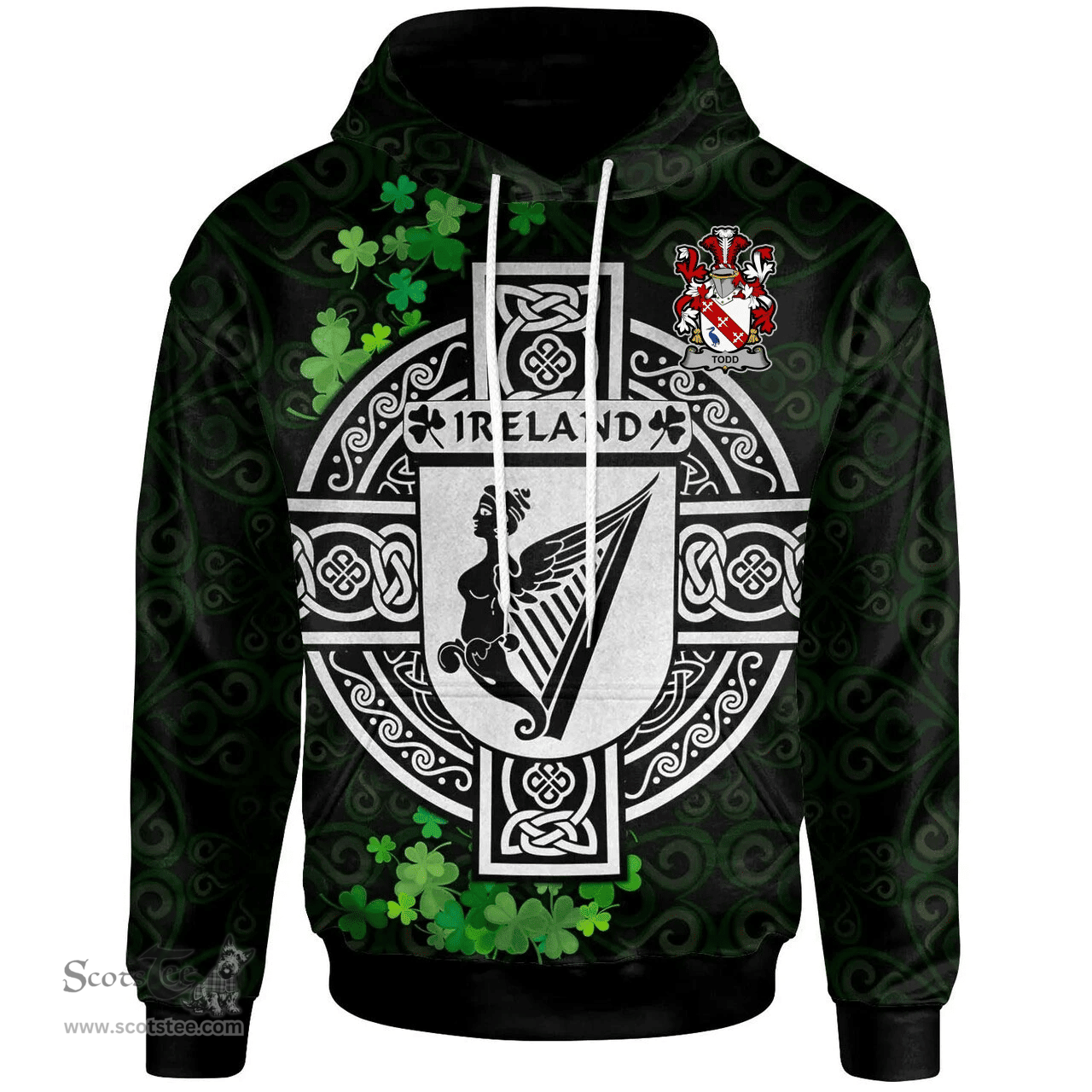 ScotsTee Shop Irish Todd or Tod Coat of Arms Irish Hoodie Celtic Ireland Coat Of Arms Badge Pewter Harp Pin