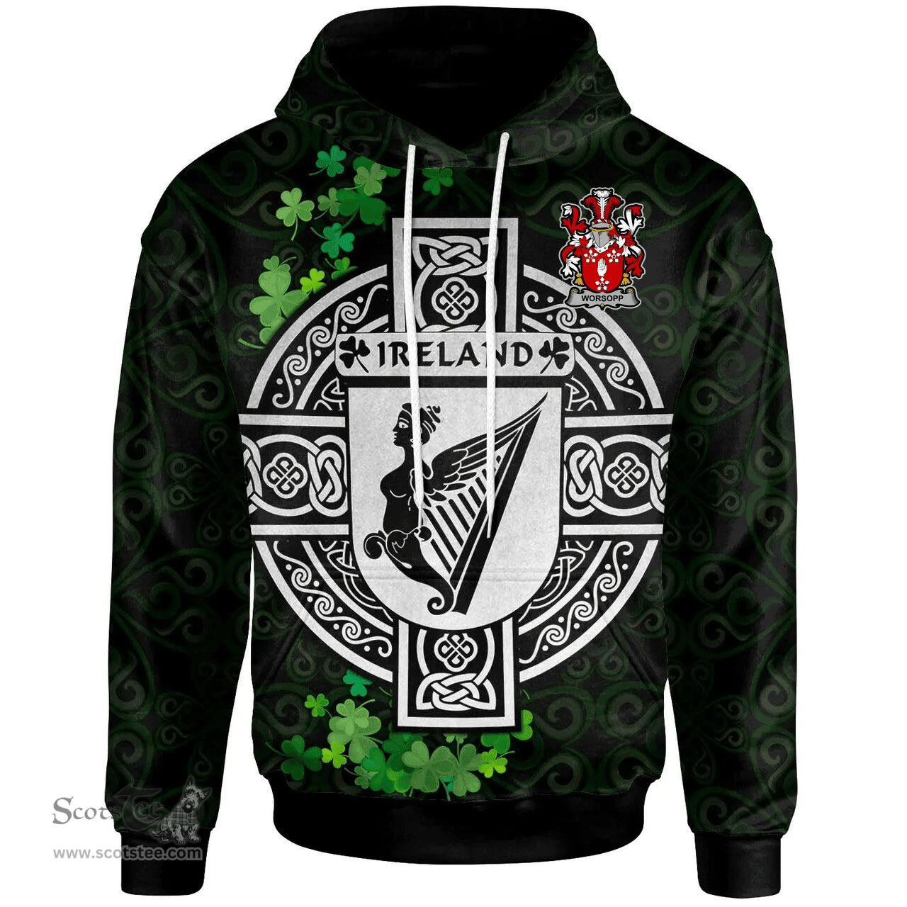 ScotsTee Shop Irish Worsopp Coat of Arms Irish Hoodie Celtic Ireland Coat Of Arms Badge Pewter Harp Pin