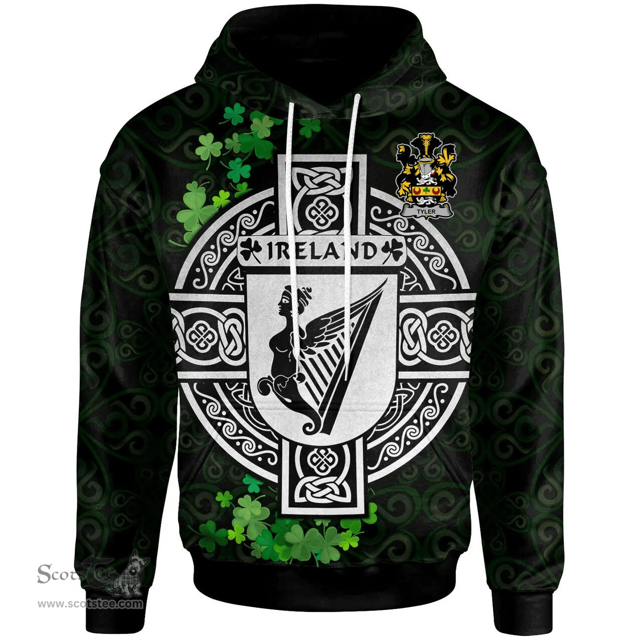 ScotsTee Shop Irish Tyler Coat of Arms Irish Hoodie Celtic Ireland Coat Of Arms Badge Pewter Harp Pin
