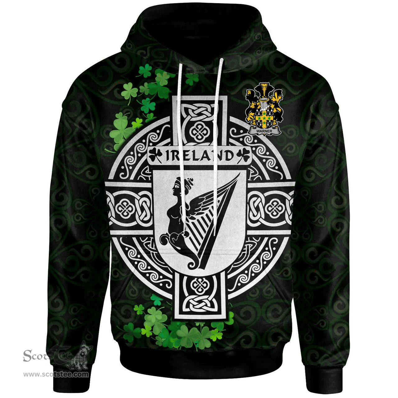 ScotsTee Shop Irish Warner Coat of Arms Irish Hoodie Celtic Ireland Coat Of Arms Badge Pewter Harp Pin
