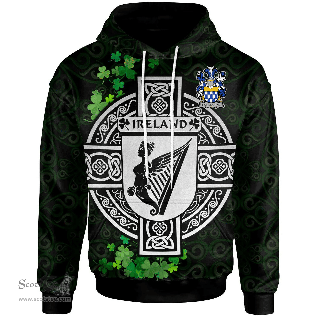 ScotsTee Shop Irish Ticheborne Coat of Arms Irish Hoodie Celtic Ireland Coat Of Arms Badge Pewter Harp Pin