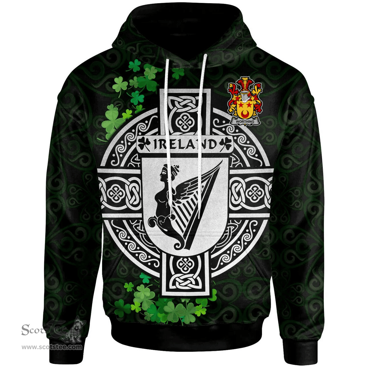 ScotsTee Shop Irish Worthing Coat of Arms Irish Hoodie Celtic Ireland Coat Of Arms Badge Pewter Harp Pin